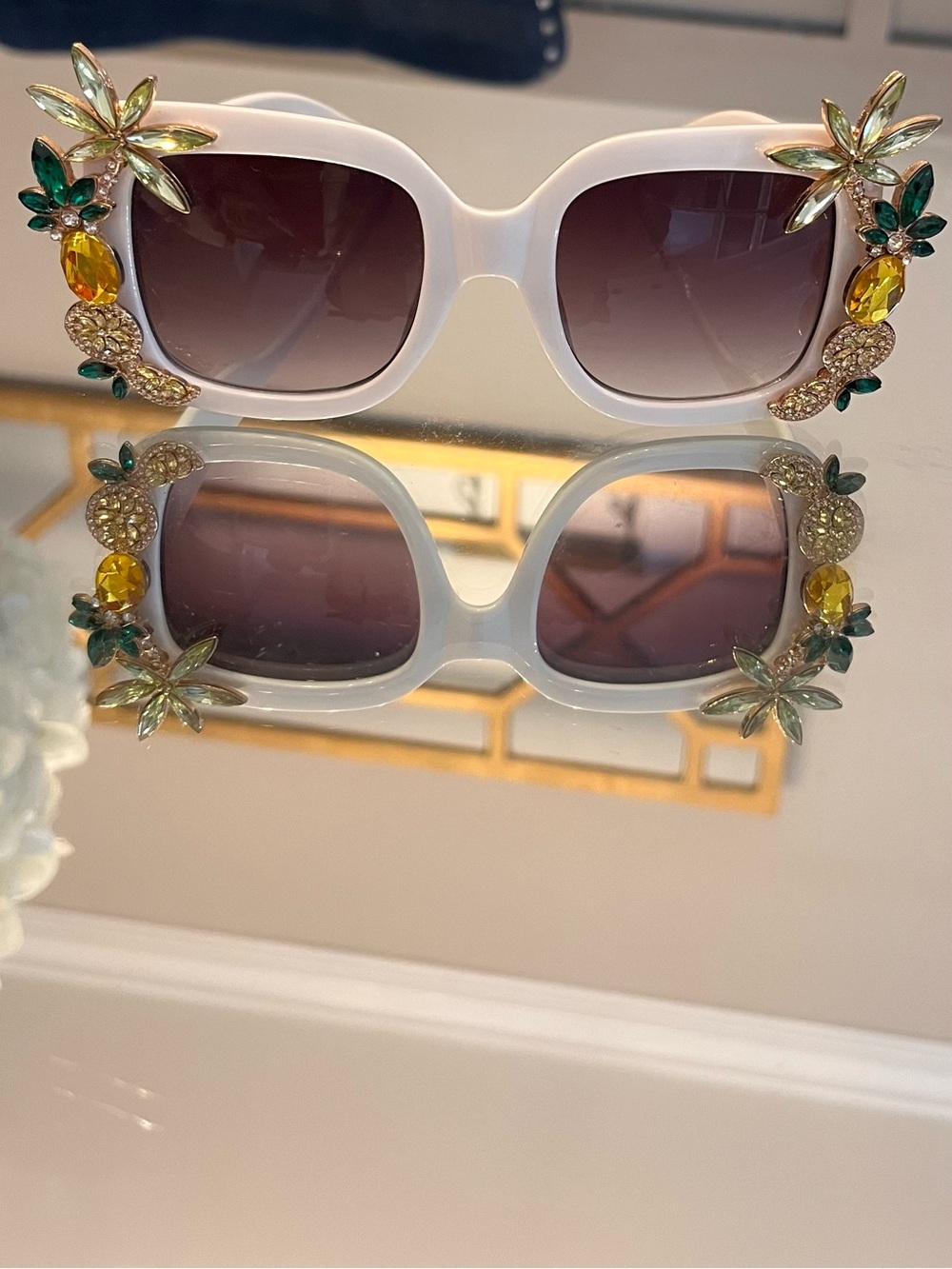 Aldo White Square Sunglasses with Green and Yellow Crystal Accents